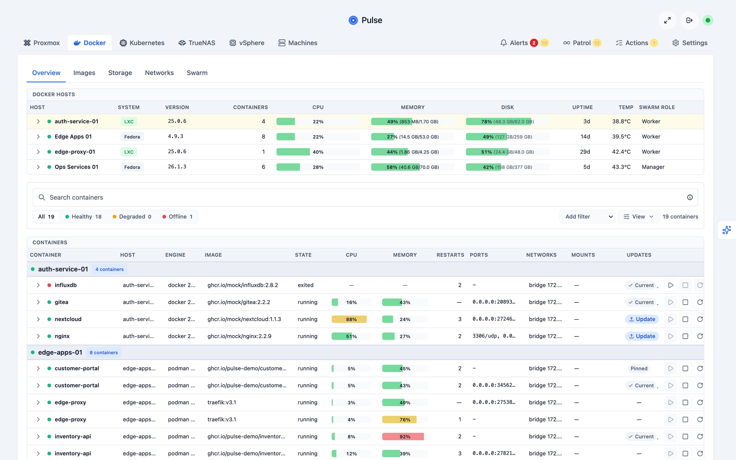 Pulse Docker overview showing container hosts and every container underneath them with state, CPU, memory and pending updates