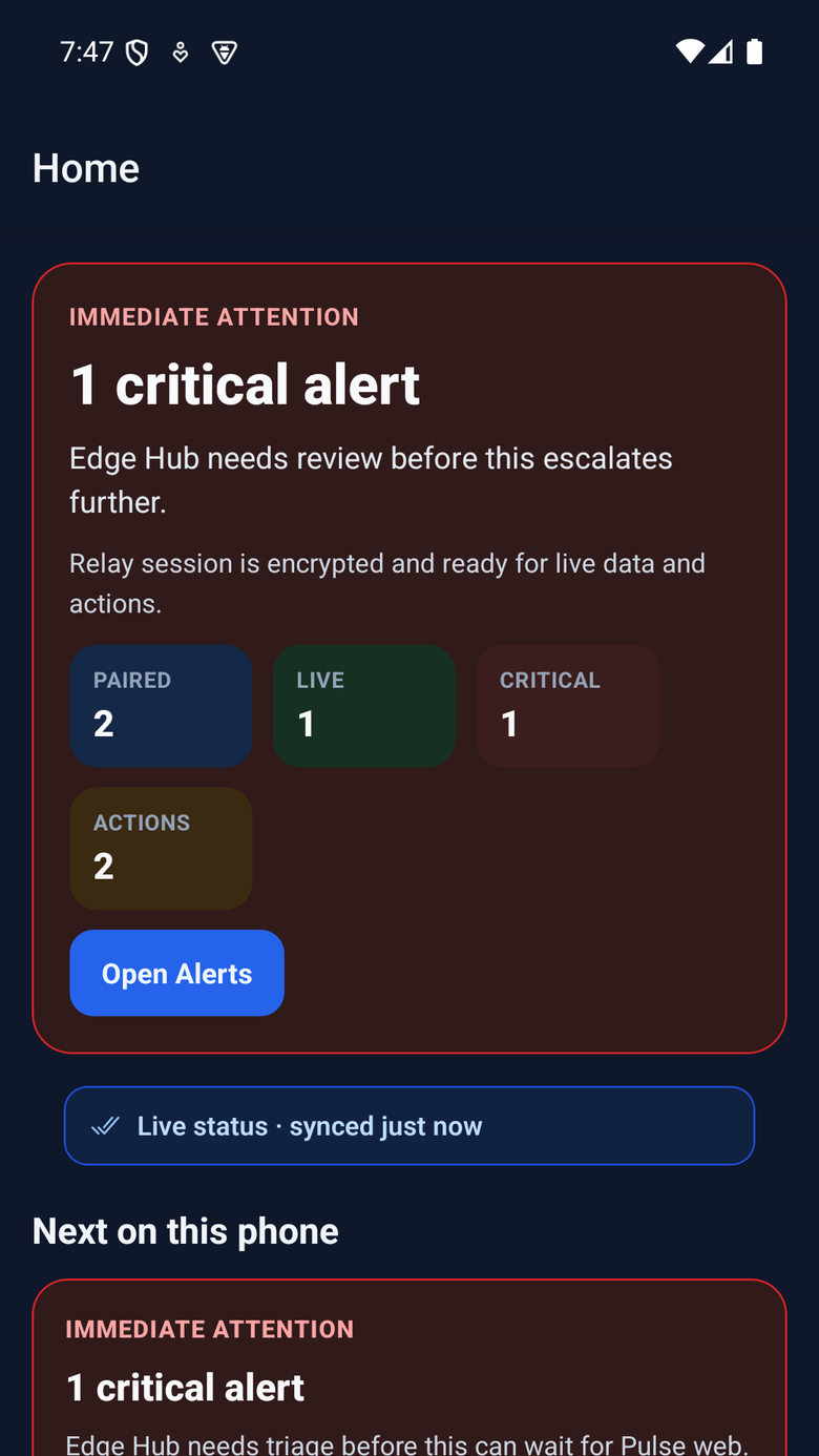 Pulse Mobile home screen showing a critical alert that needs attention, live paired-server status, and an Open Alerts button
